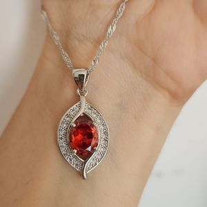 New 925 Silver Oval Cut Ruby Diamond Necklace Pendant & Chain for Women